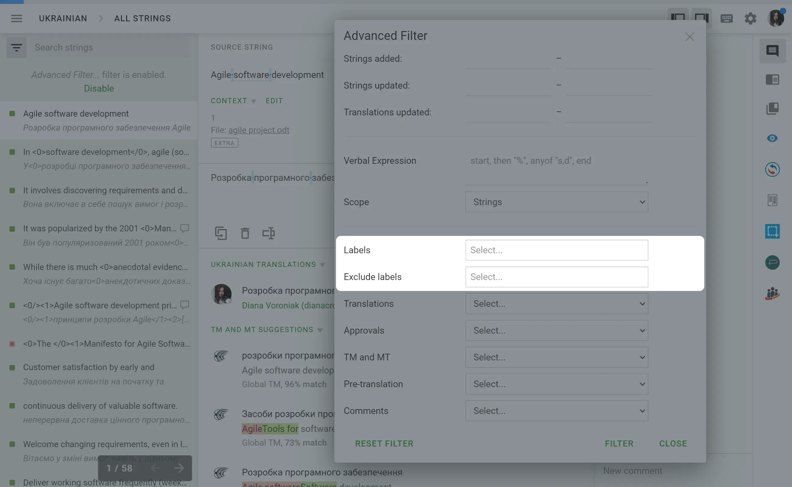 Crowdin Editor: Filter and View Strings without Labels