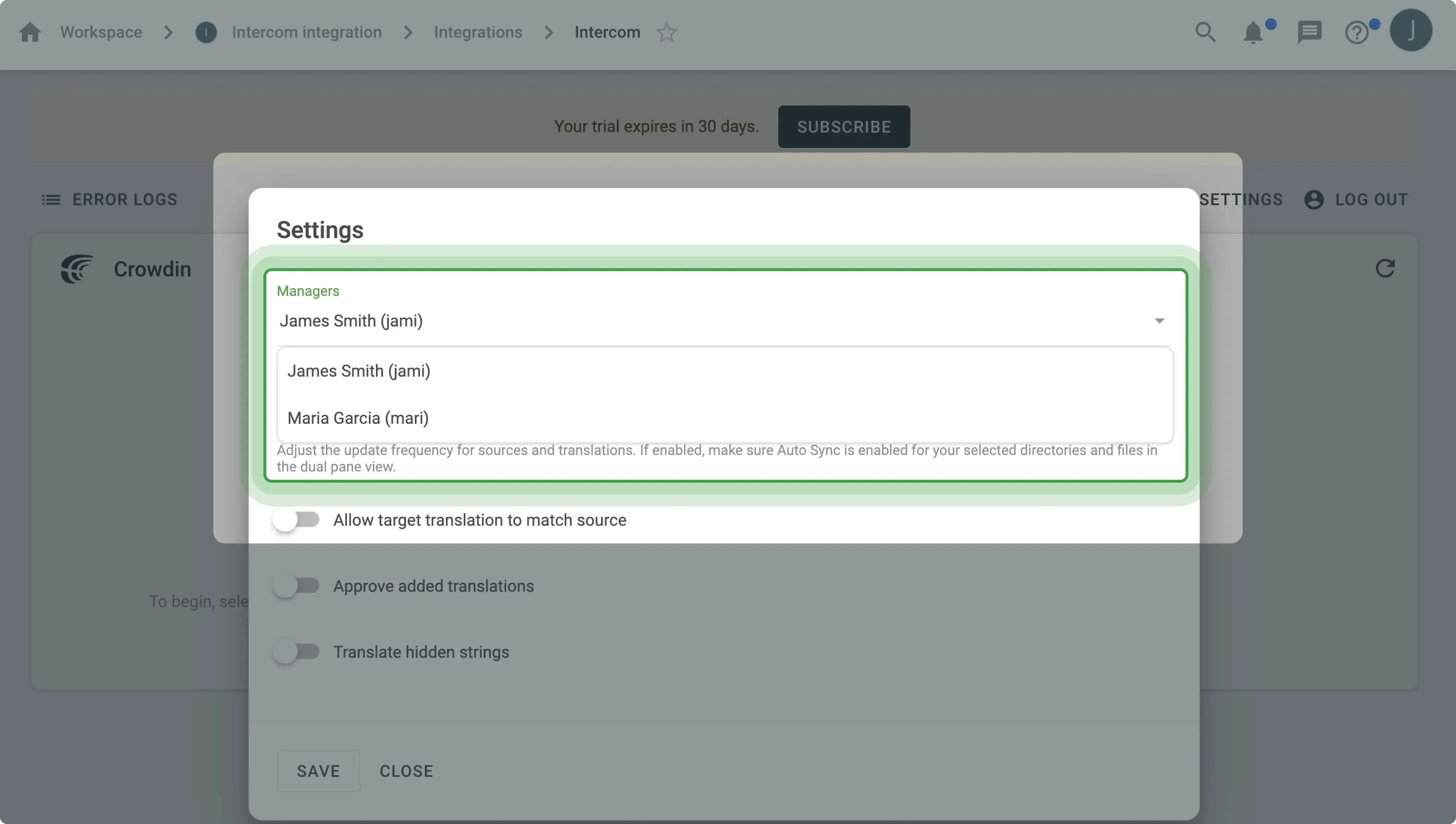 One Integration Per App in Crowdin Projects, control over interagration for security translation project