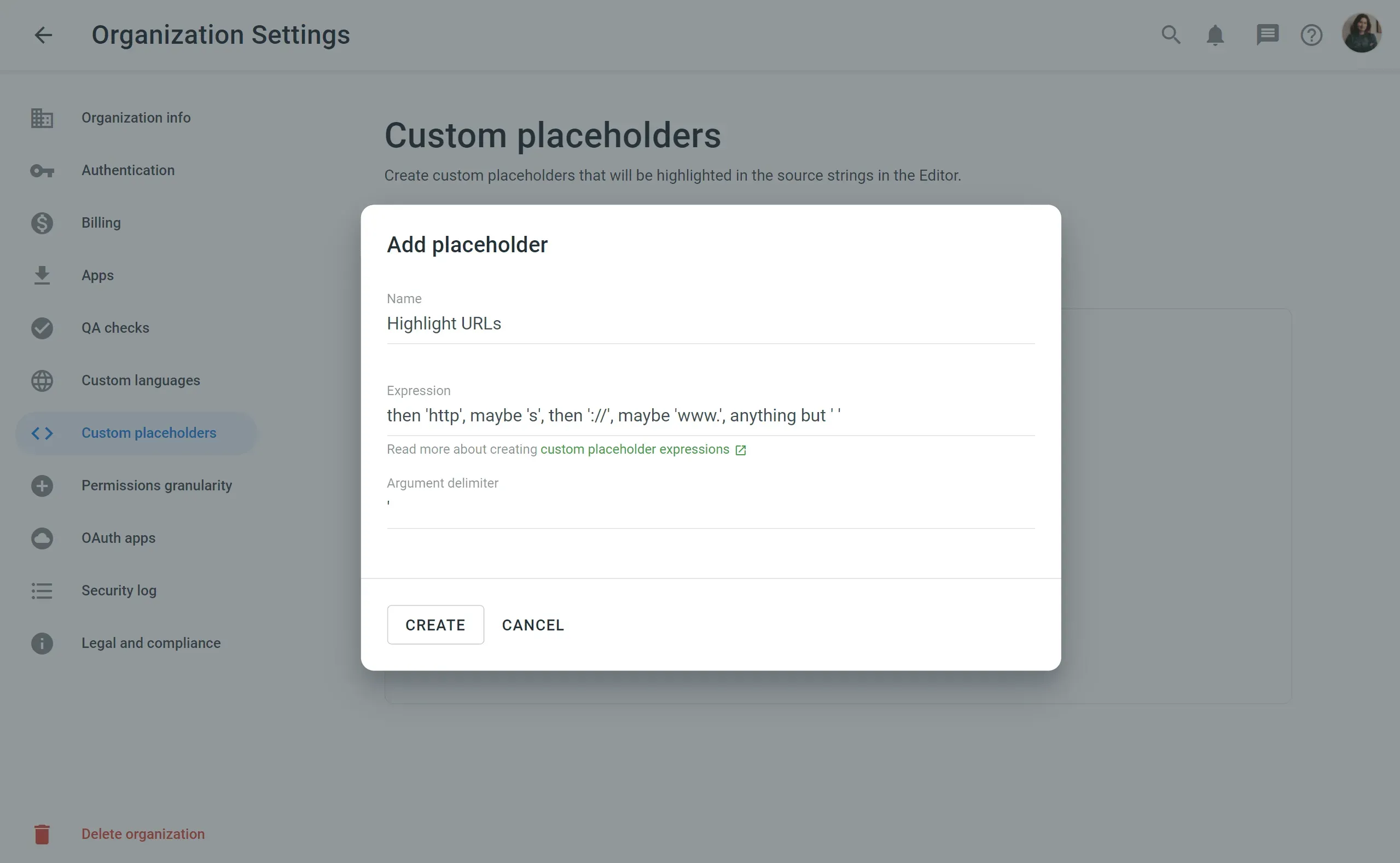 Custom placeholders in Crowdin Enterprise