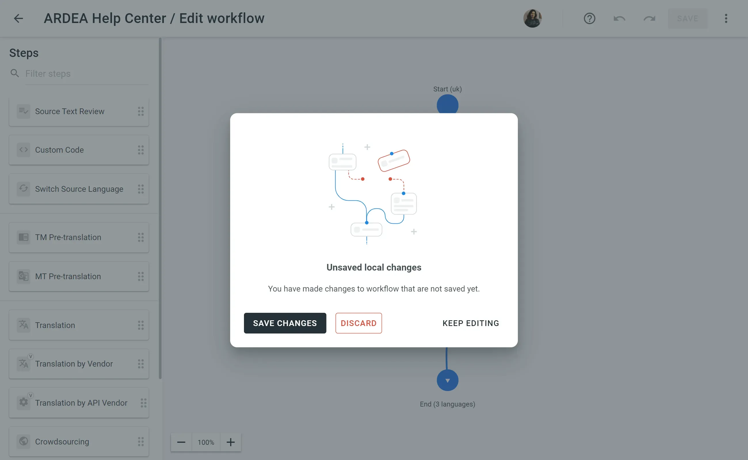 Unsaved changes in a workflow