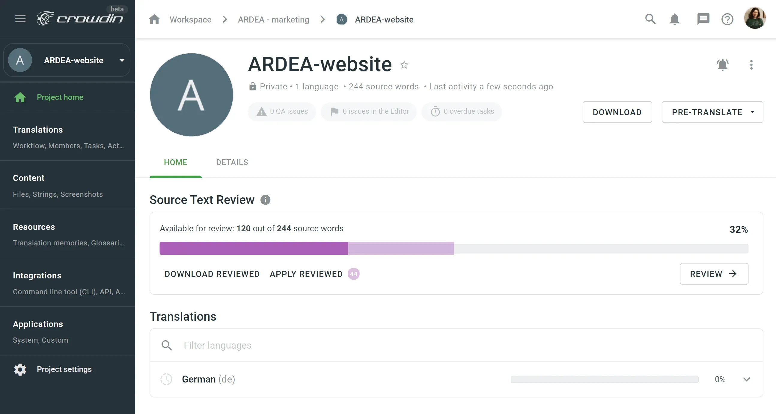 Project Home Page in Crowdin Enterprise