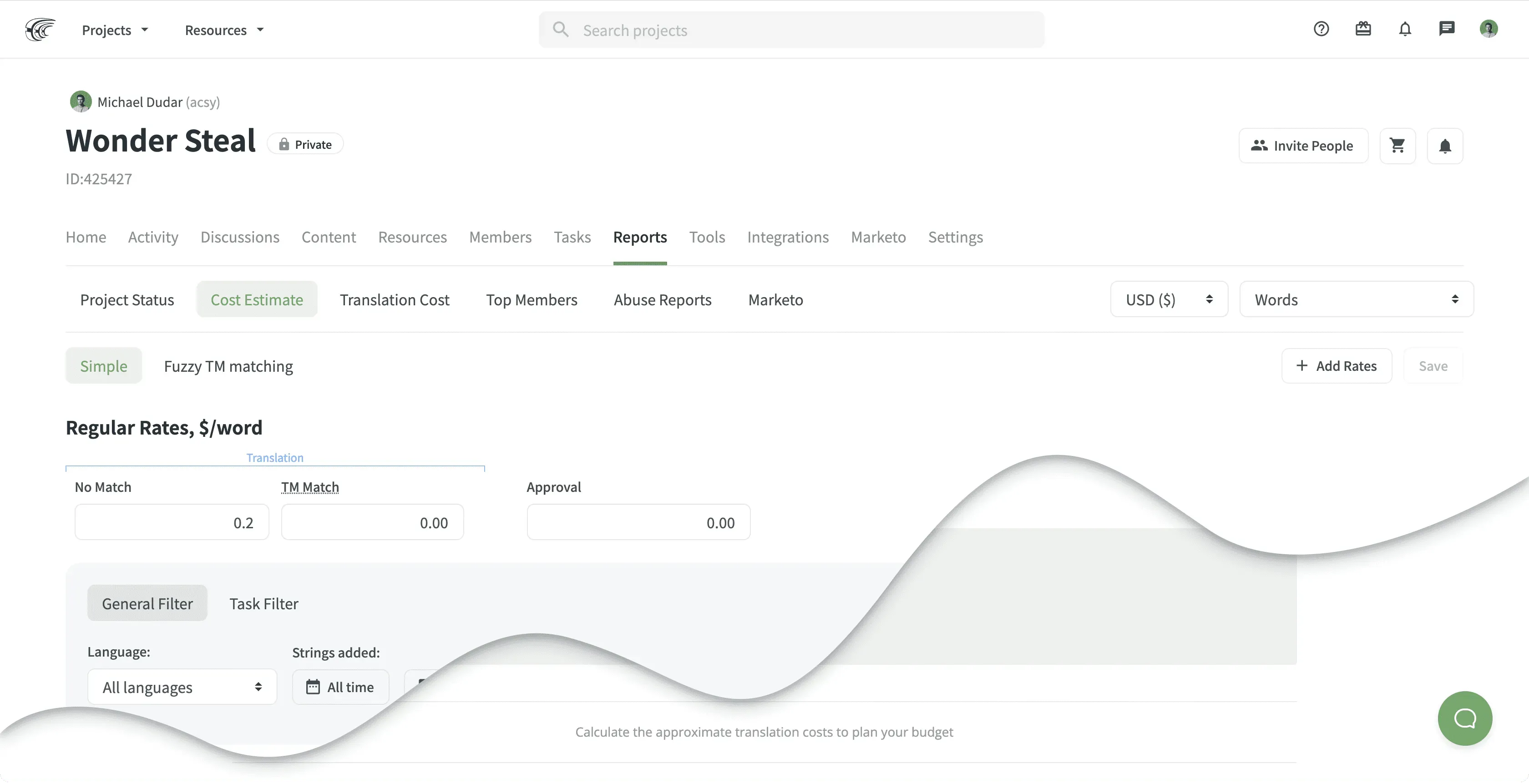 Reports Page: Cost Estimate