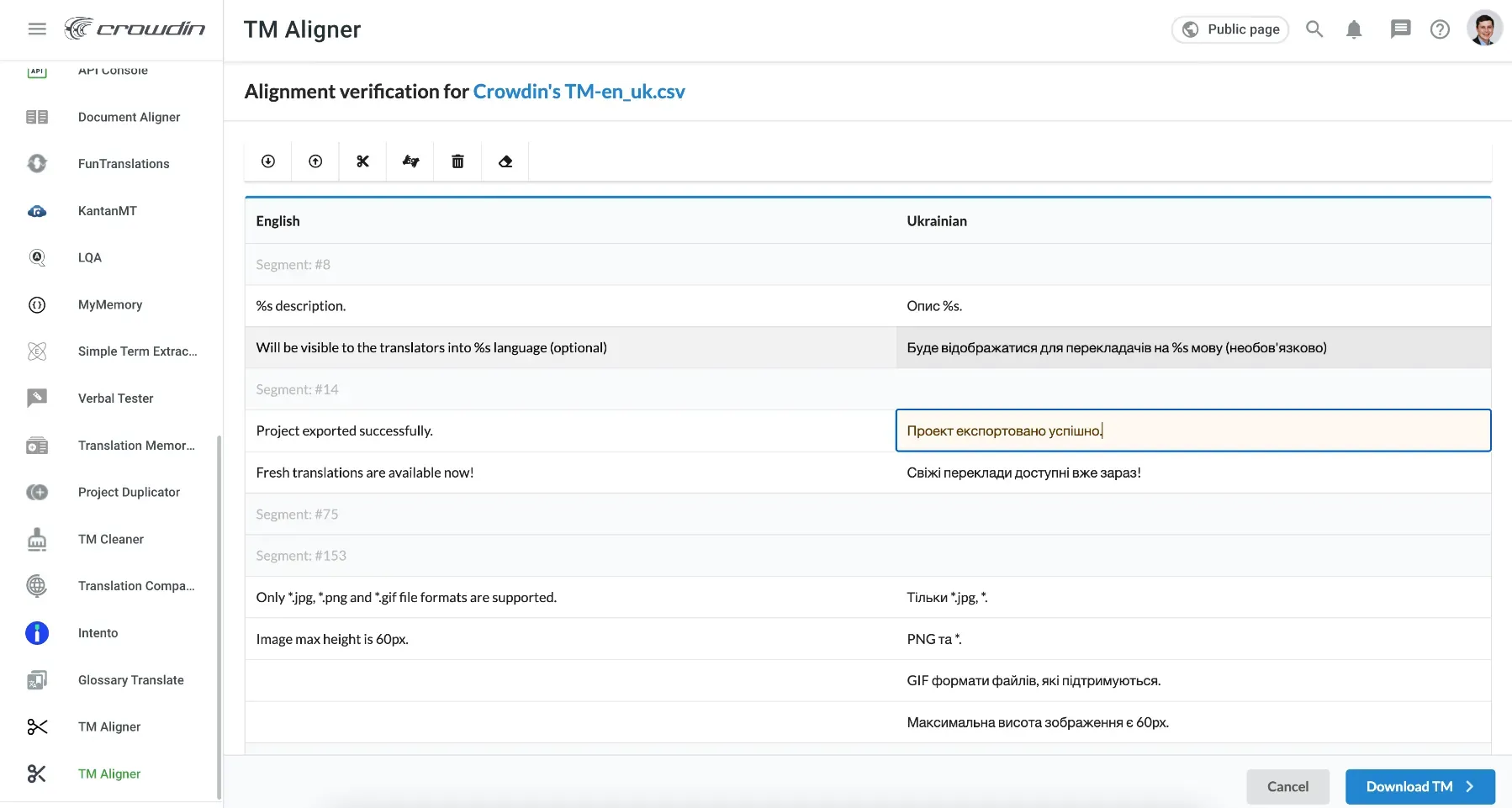 Translation Memory Segmentation & Alignment app by Crowdin