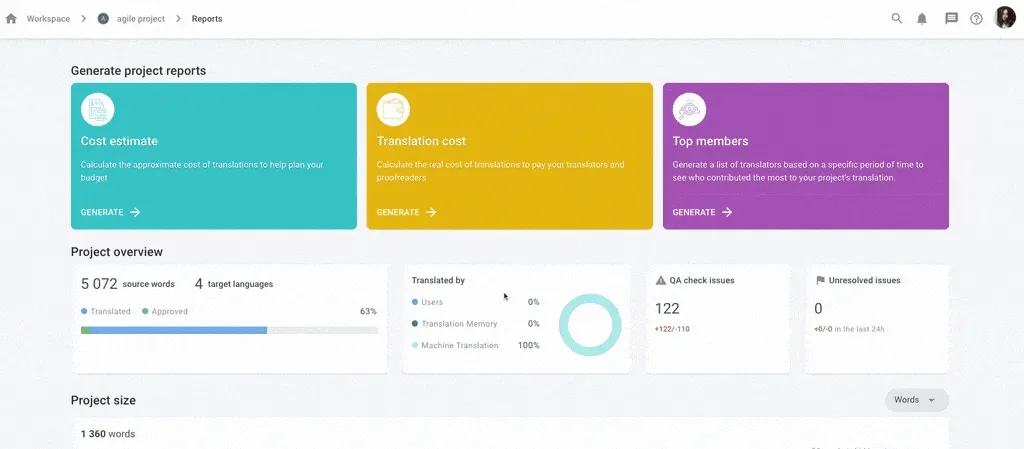 Generate translation cost report for specific project members